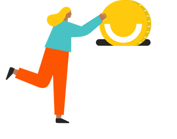 Illustration of a person standing on a cloud, sliding  giant coin into a slot in another cloud