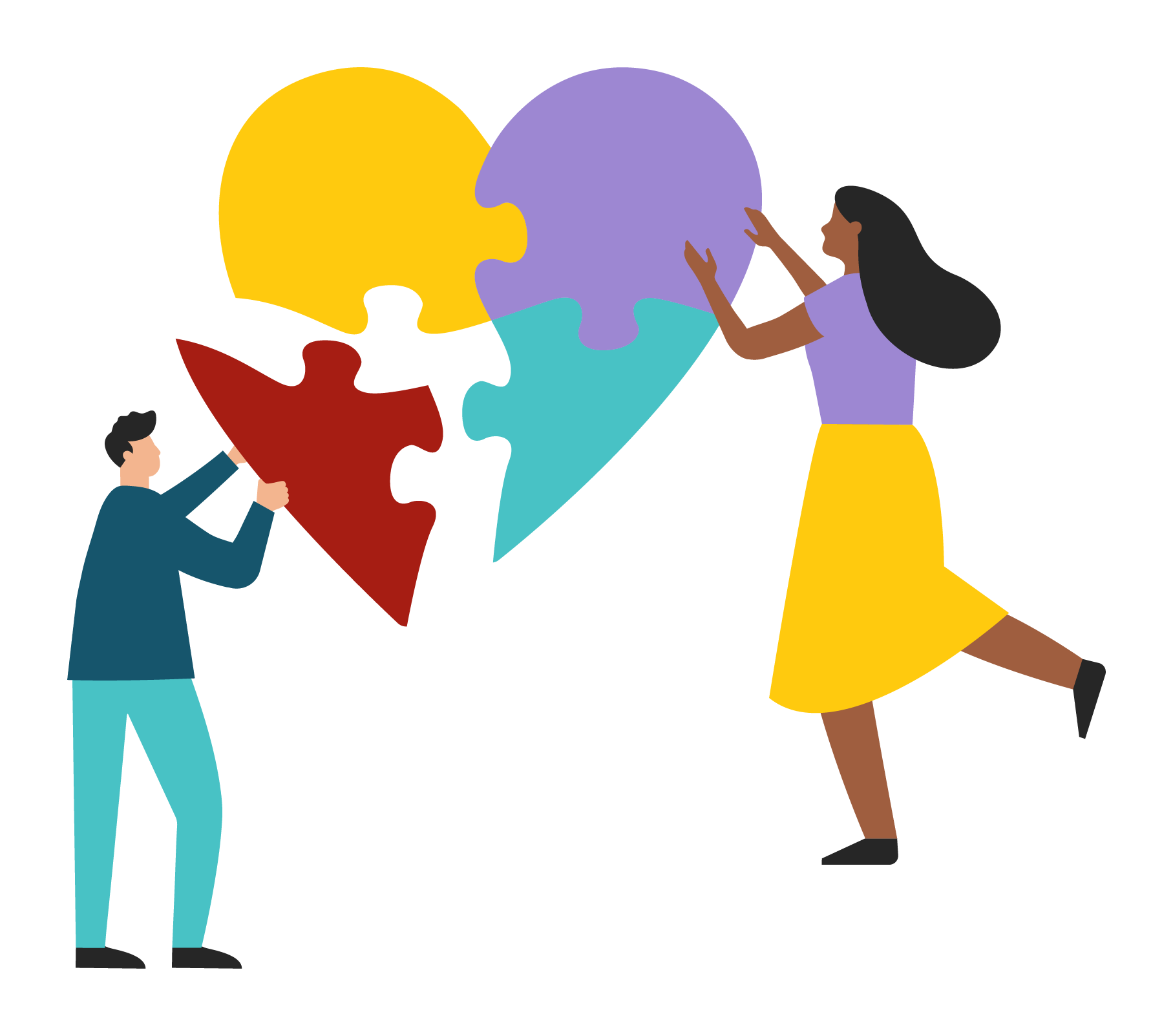 An illustration of two people putting together colorful heart-shaped puzzle pieces. The collaborative effort conveys teamwork and unity.